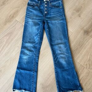 Women's Blue High-Rise Button-Fly Flare Cropped Jeans